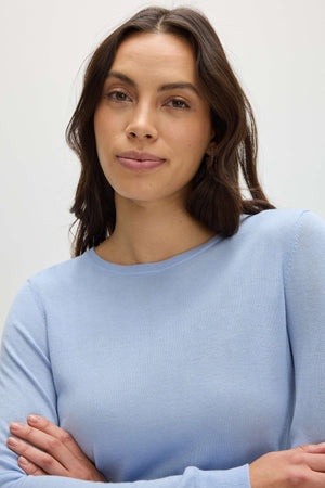 Fine Knit O-neck Sweater - Blue Fog