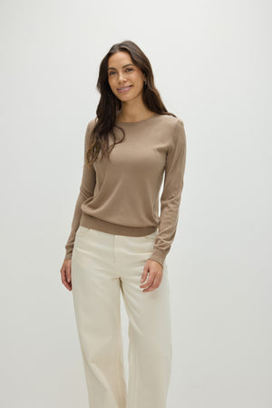 Fine Knit O-neck Sweater - Mink