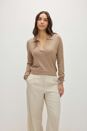 Fine Knit Open Collar Sweater - Mink