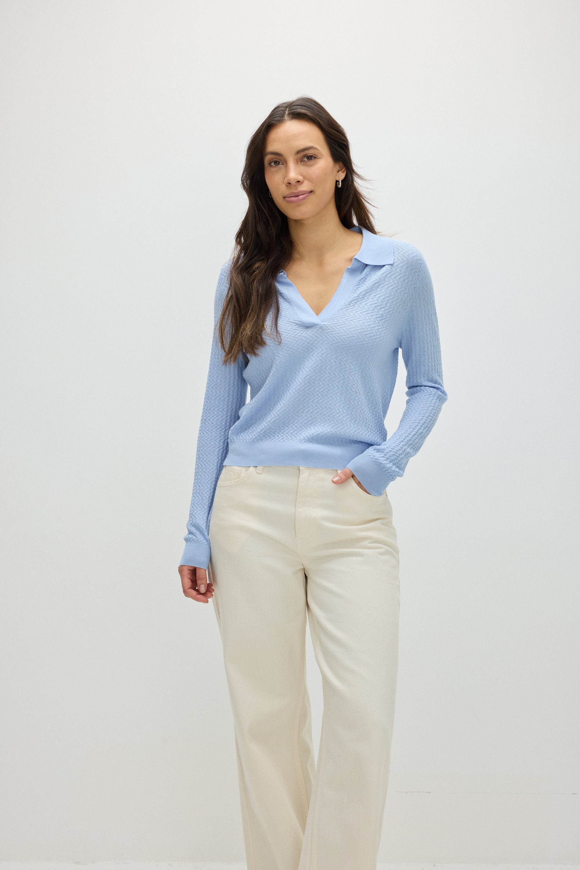 Davida Fine Knit Short Open Collar Sweater Sweaters Blue Fog