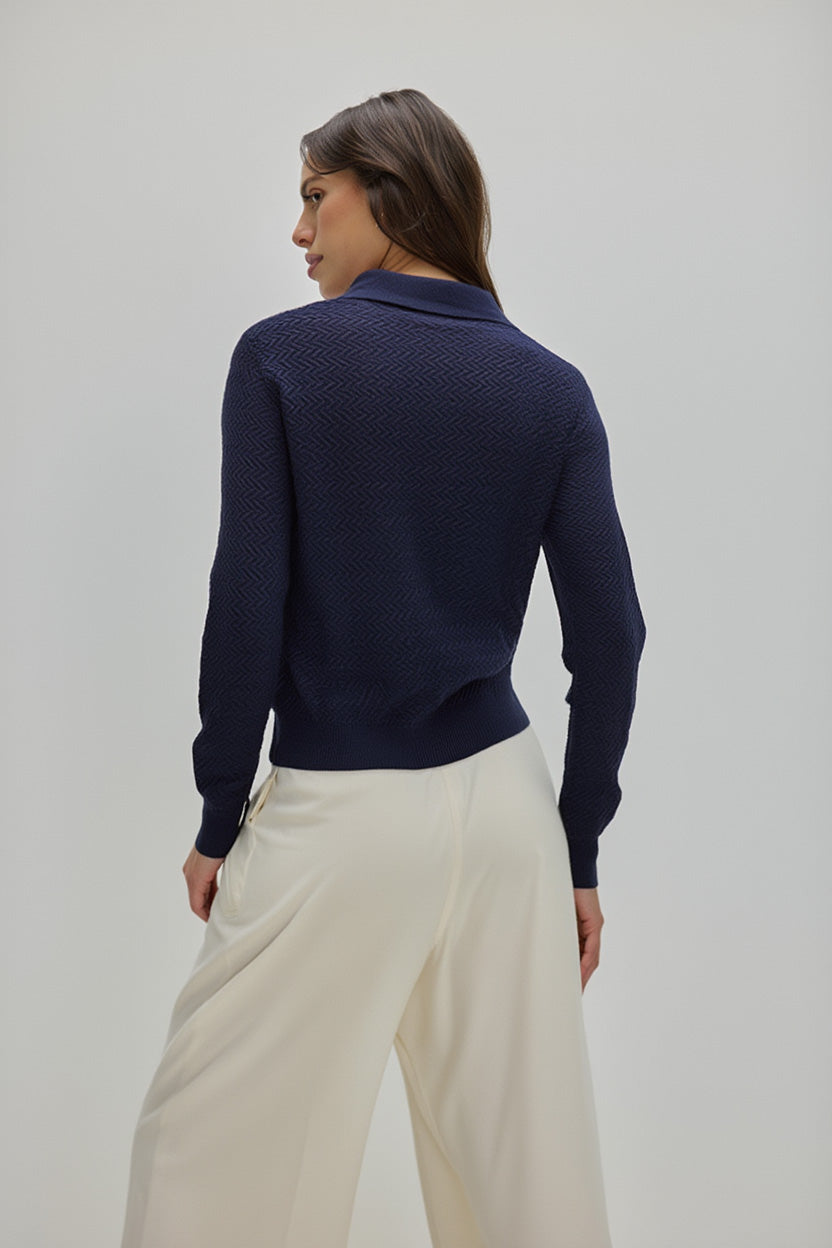 Davida Fine Knit Short Open Collar Sweater Sweaters Navy