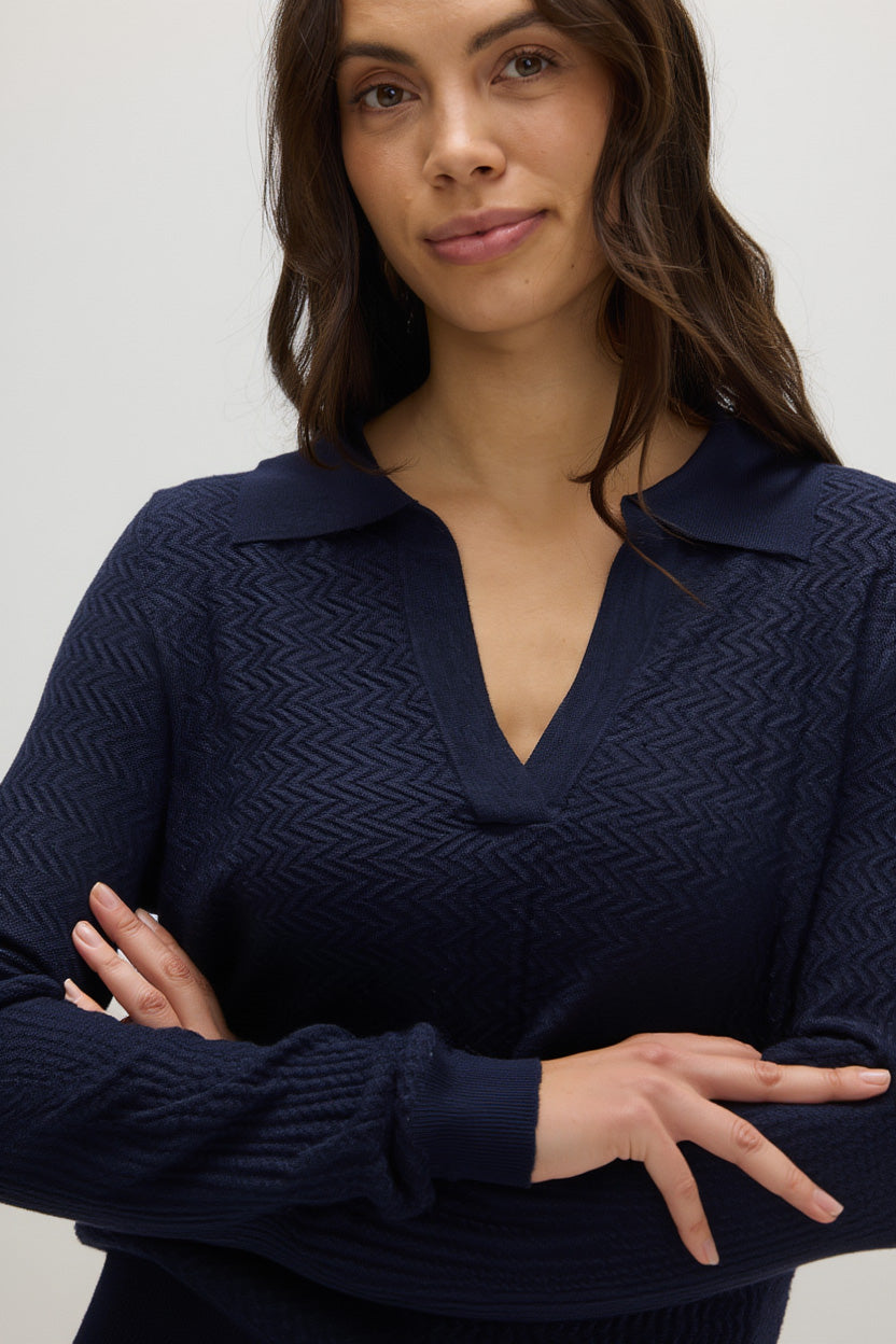 Davida Fine Knit Short Open Collar Sweater Sweaters Navy
