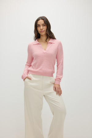 Fine Knit Short Open Collar Sweater - Pink