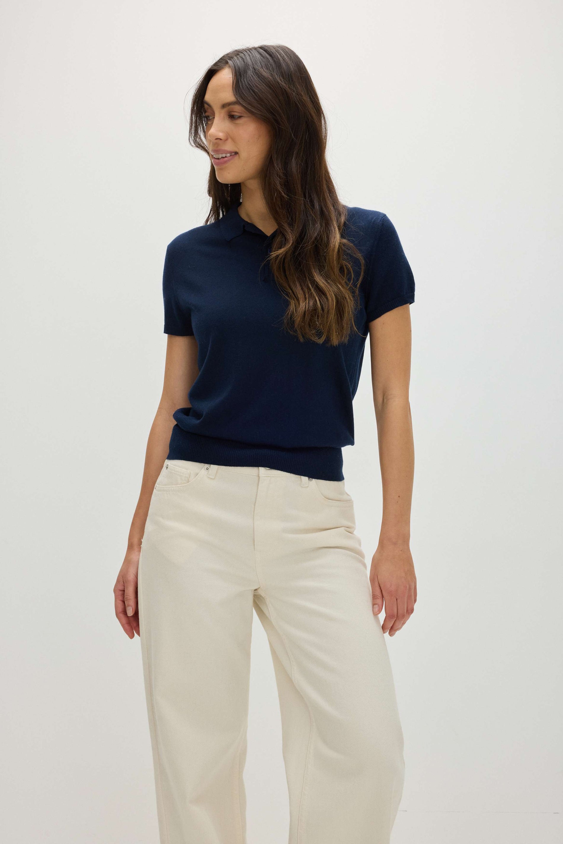 Davida Fine Knit Short Sleeve Pique Sweaters Navy