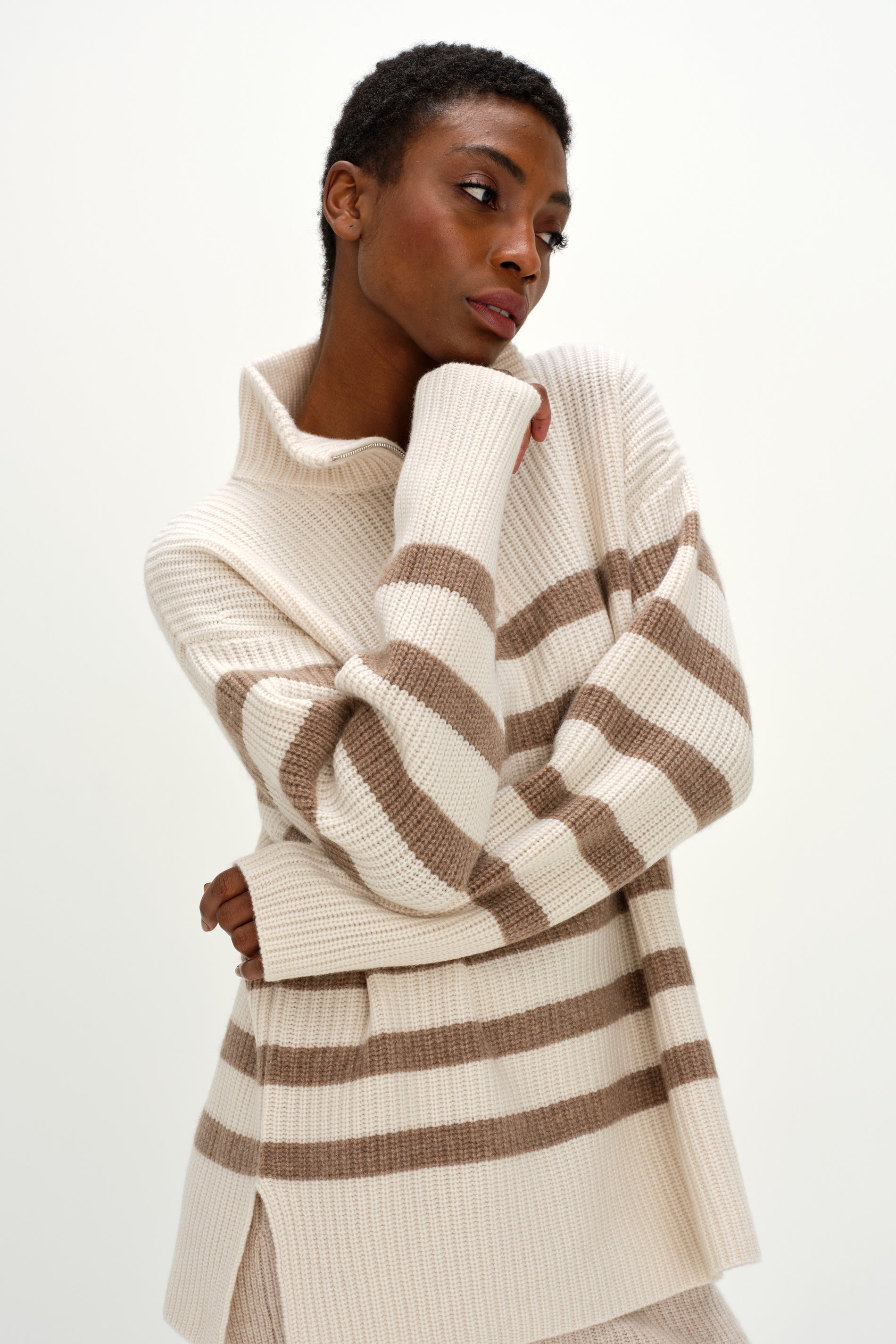 Davida Half Zip Striped Sweater Sweaters White/Mink