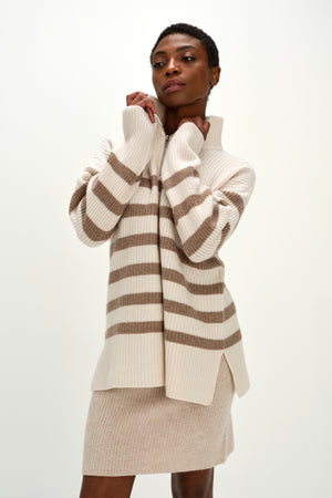 Half Zip Striped Sweater - White/Mink