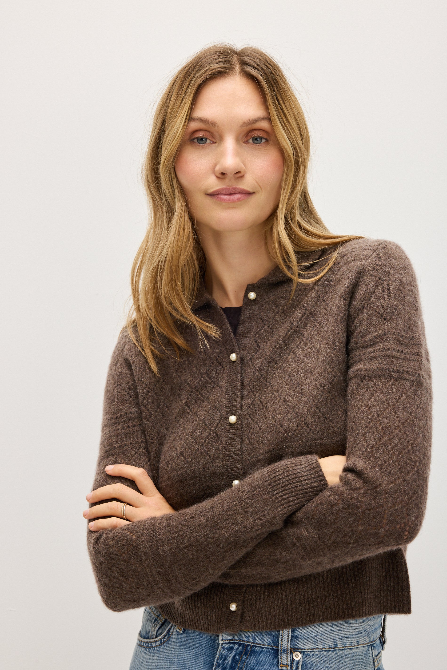 Davida Lace Knitted Collar Cardigan Long Sleeve Sweaters Cacao