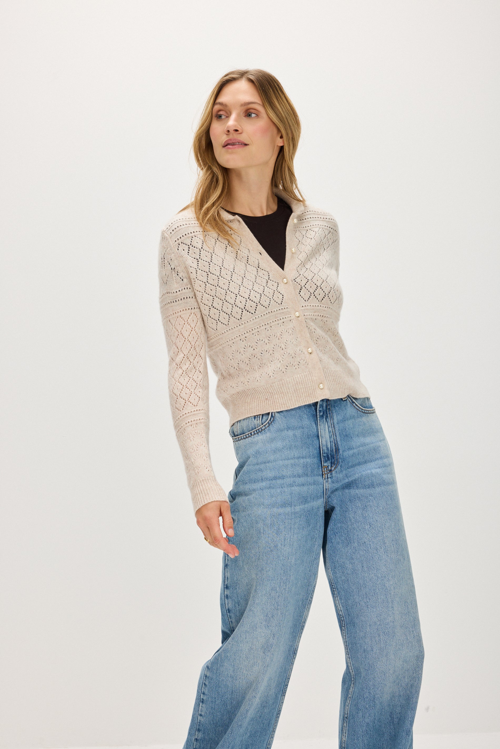 Davida Lace Knitted Collar Cardigan Long Sleeve Sweaters Light Beige