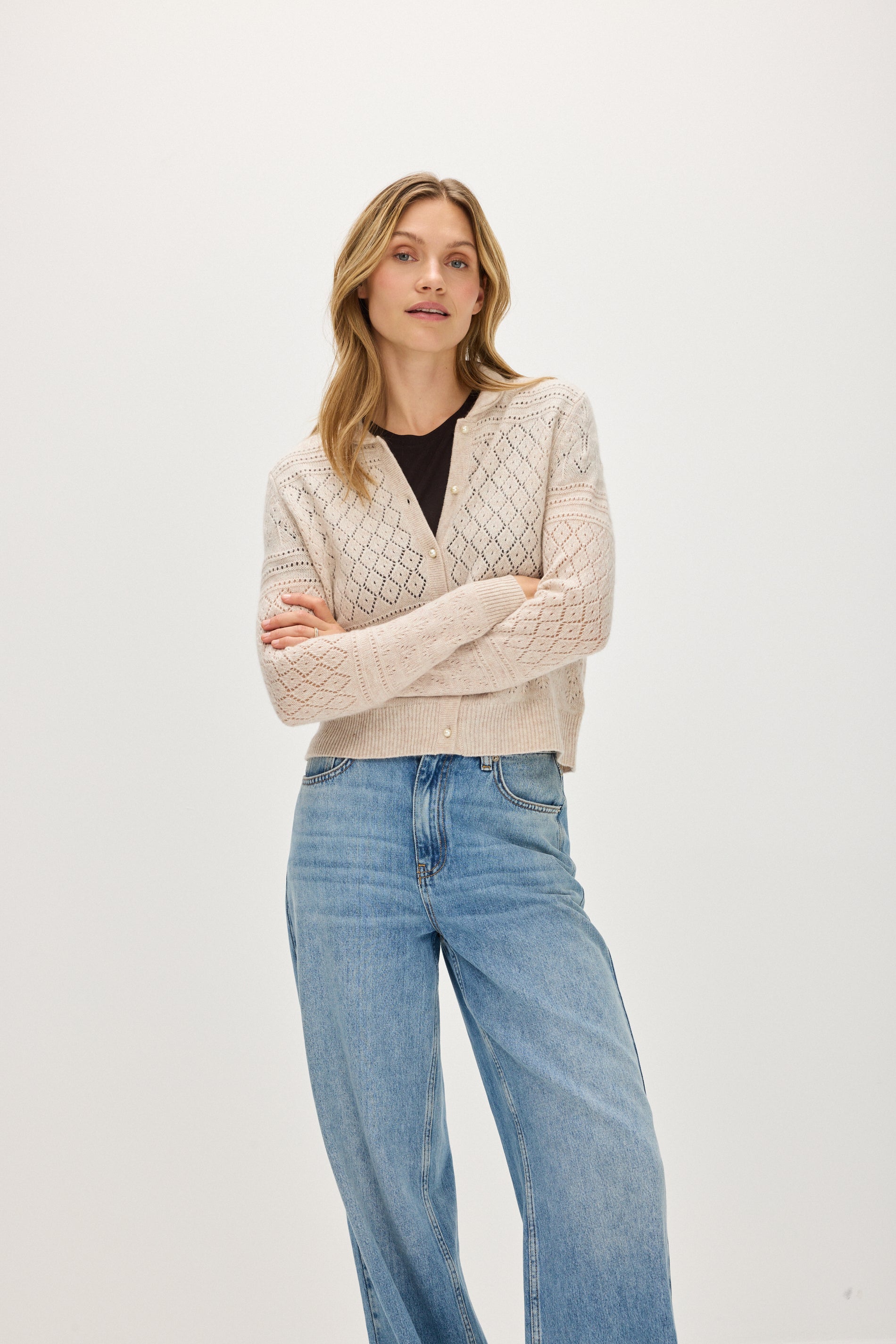Davida Lace Knitted Collar Cardigan Long Sleeve Sweaters Light Beige