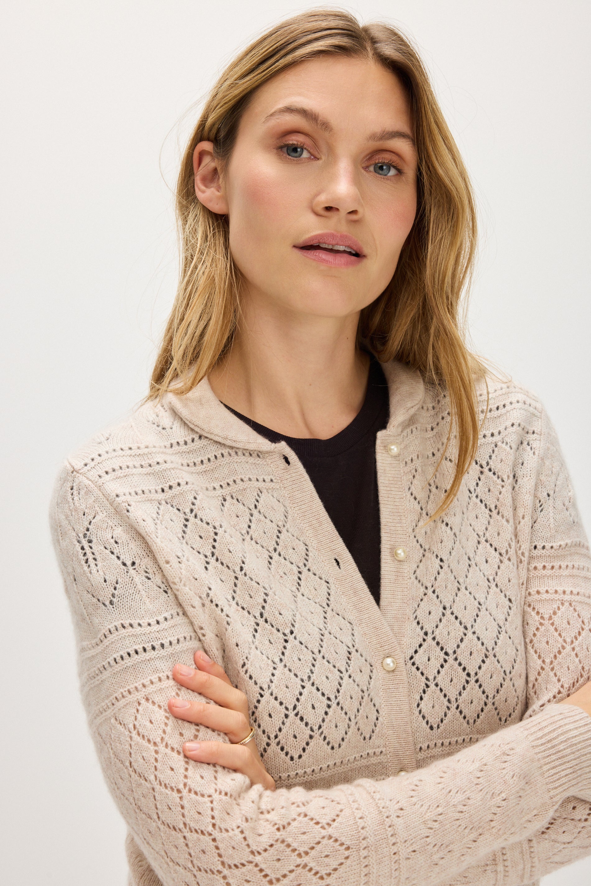 Davida Lace Knitted Collar Cardigan Long Sleeve Sweaters Light Beige