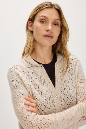 Lace Knitted Collar Cardigan Long Sleeve - Light Beige