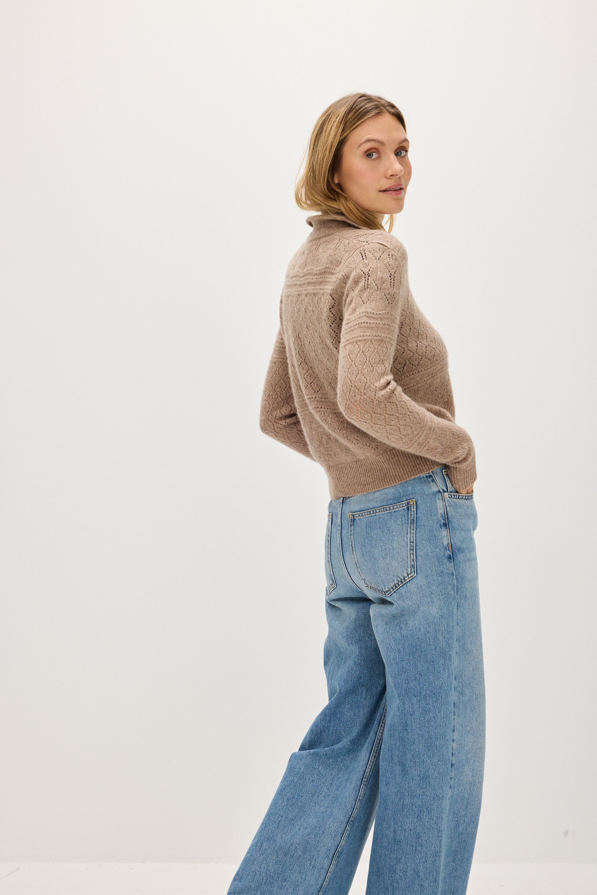 Davida Lace Knitted Collar Cardigan Long Sleeve Sweaters Mink