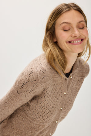 Lace Knitted Collar Cardigan Long Sleeve - Mink