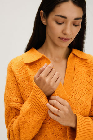 Lace Knitted Open Collar Sweater - Intense Orange
