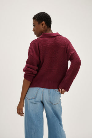 Lace Knitted Open Collar Sweater - Mulberry Red
