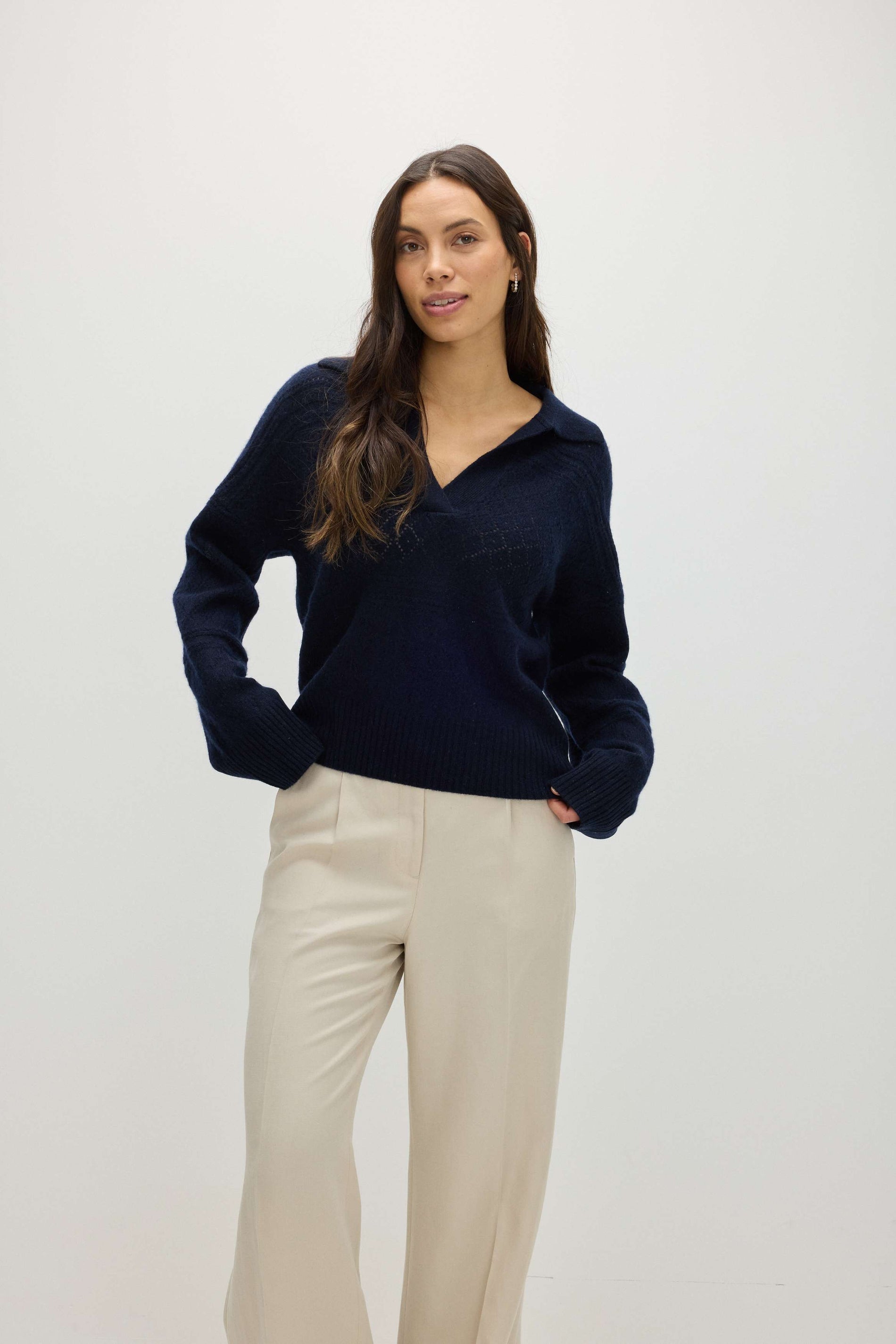 Davida Lace Knitted Open Collar Sweater Sweaters Navy