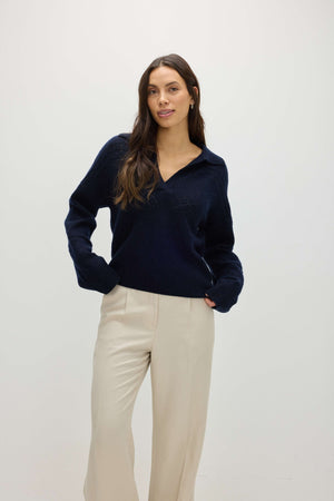 Lace Knitted Open Collar Sweater - Navy