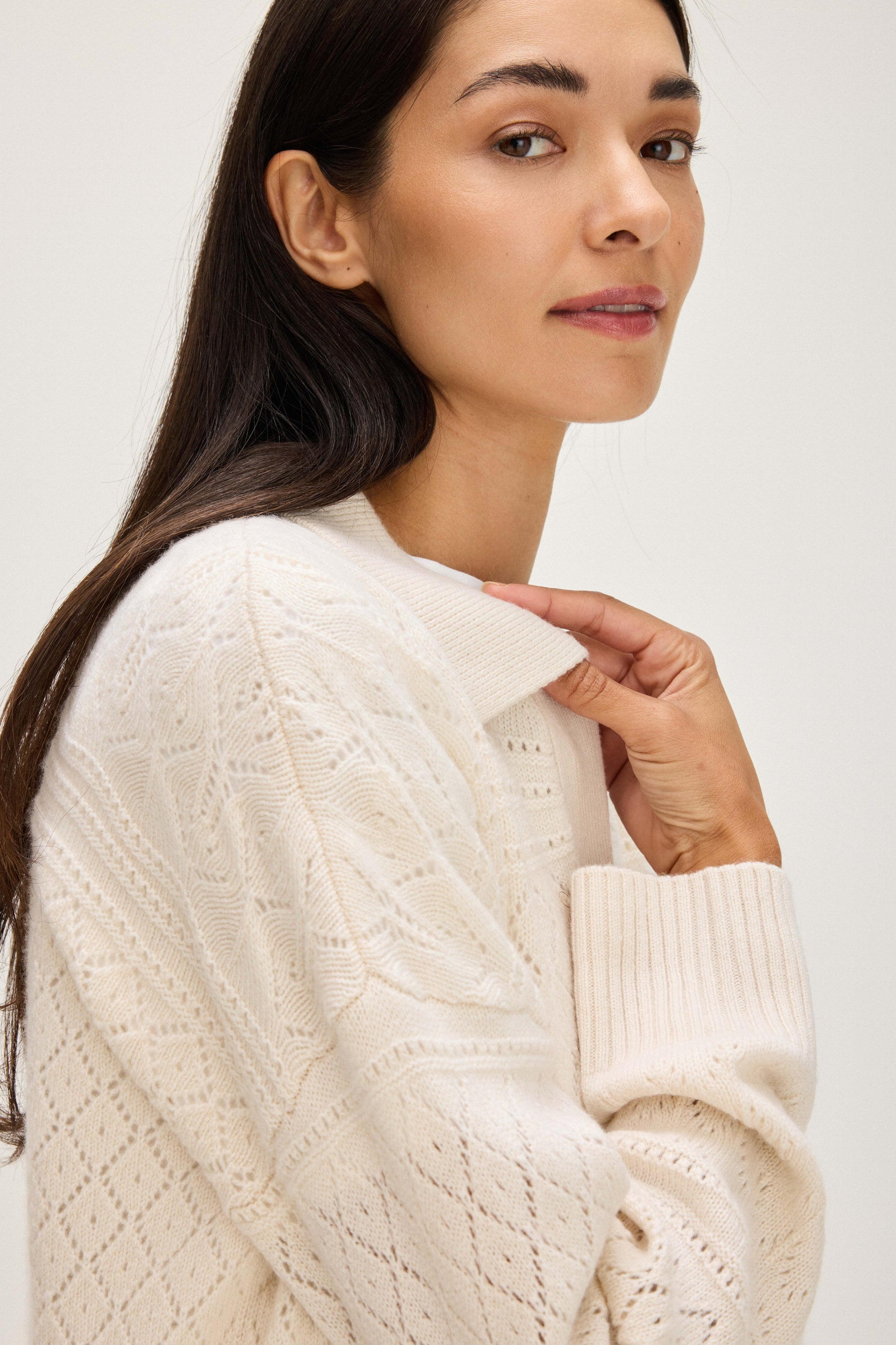 Davida Lace Knitted Open Collar Sweater Sweaters White
