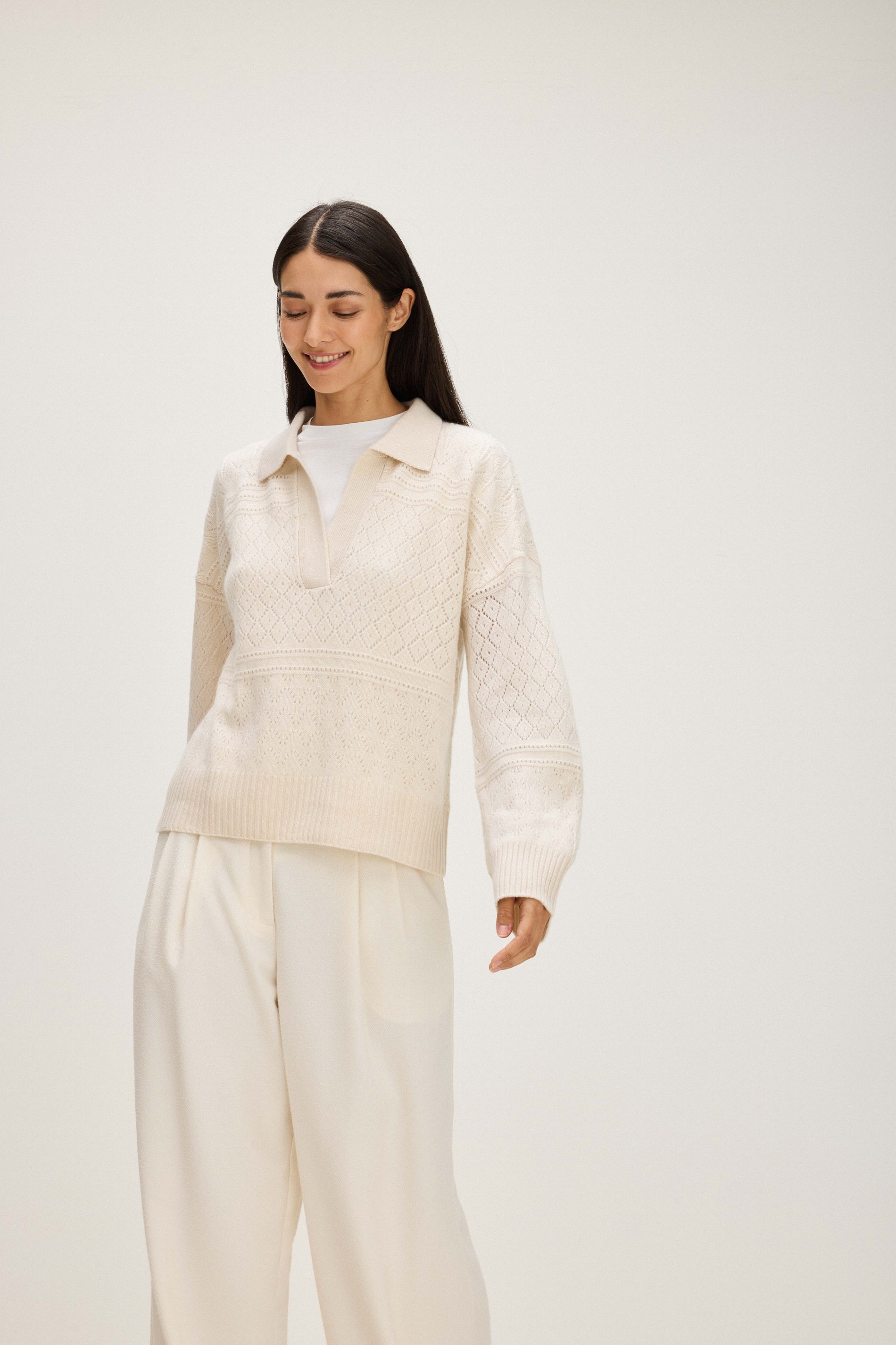 Davida Lace Knitted Open Collar Sweater Sweaters White