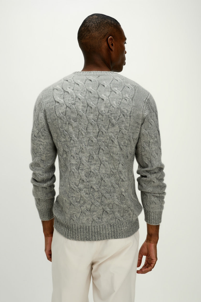 Davida Man Chunky O-neck Cable Sweaters Light Grey