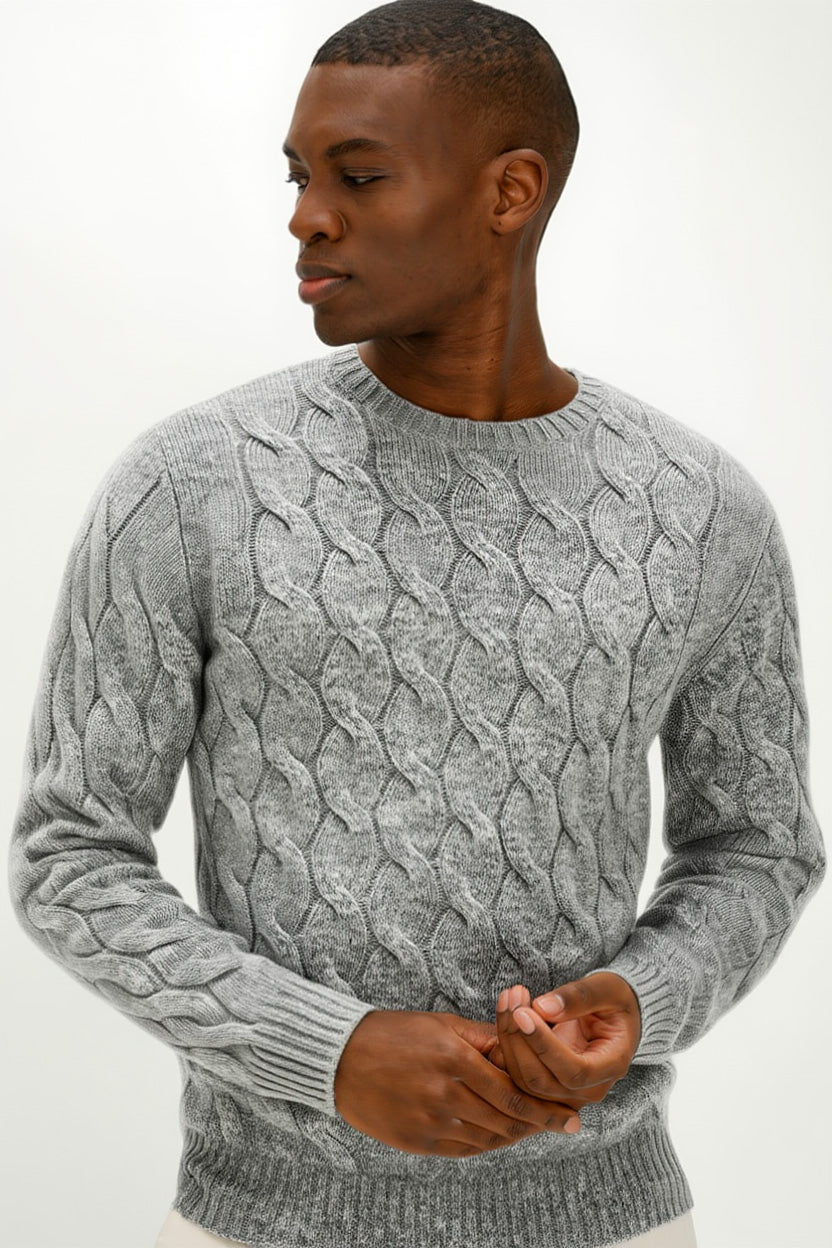 Davida Man Chunky O-neck Cable Sweaters Light Grey