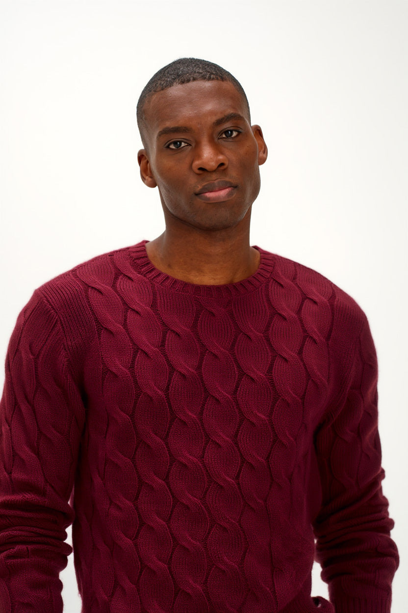 Davida Man Chunky O-neck Cable Sweaters Mulberry Red