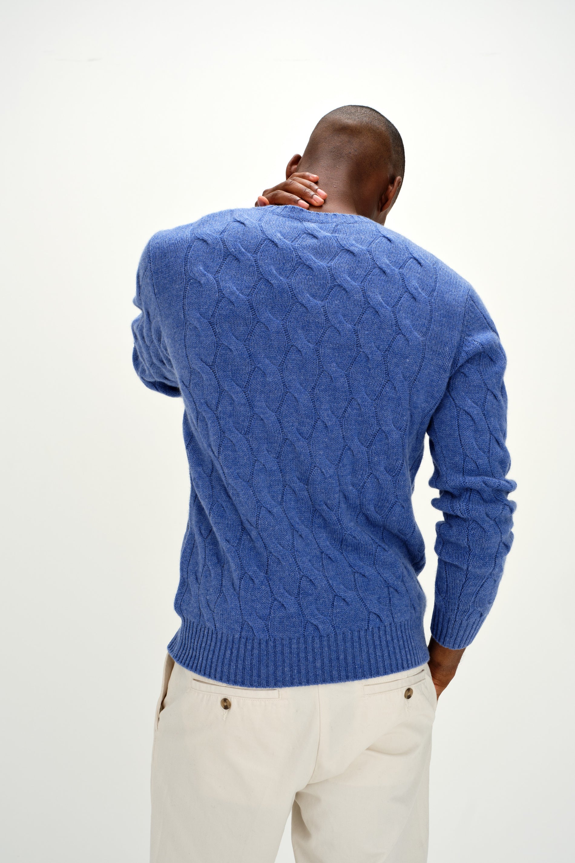 Davida Man Chunky O-neck Cable Sweaters Ocean Blue