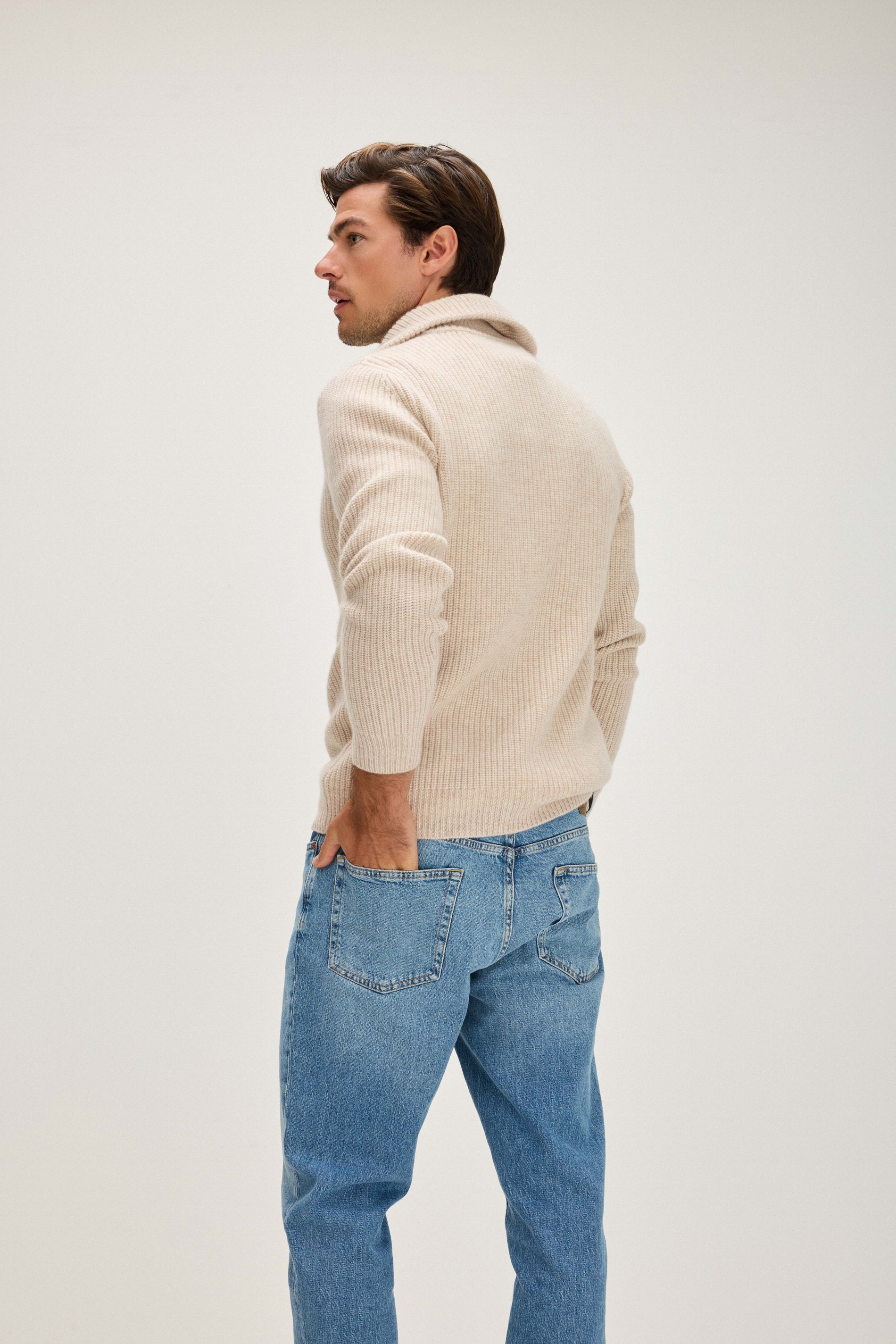 Davida Man Chunky Rib Half Zip Sweaters Light Beige