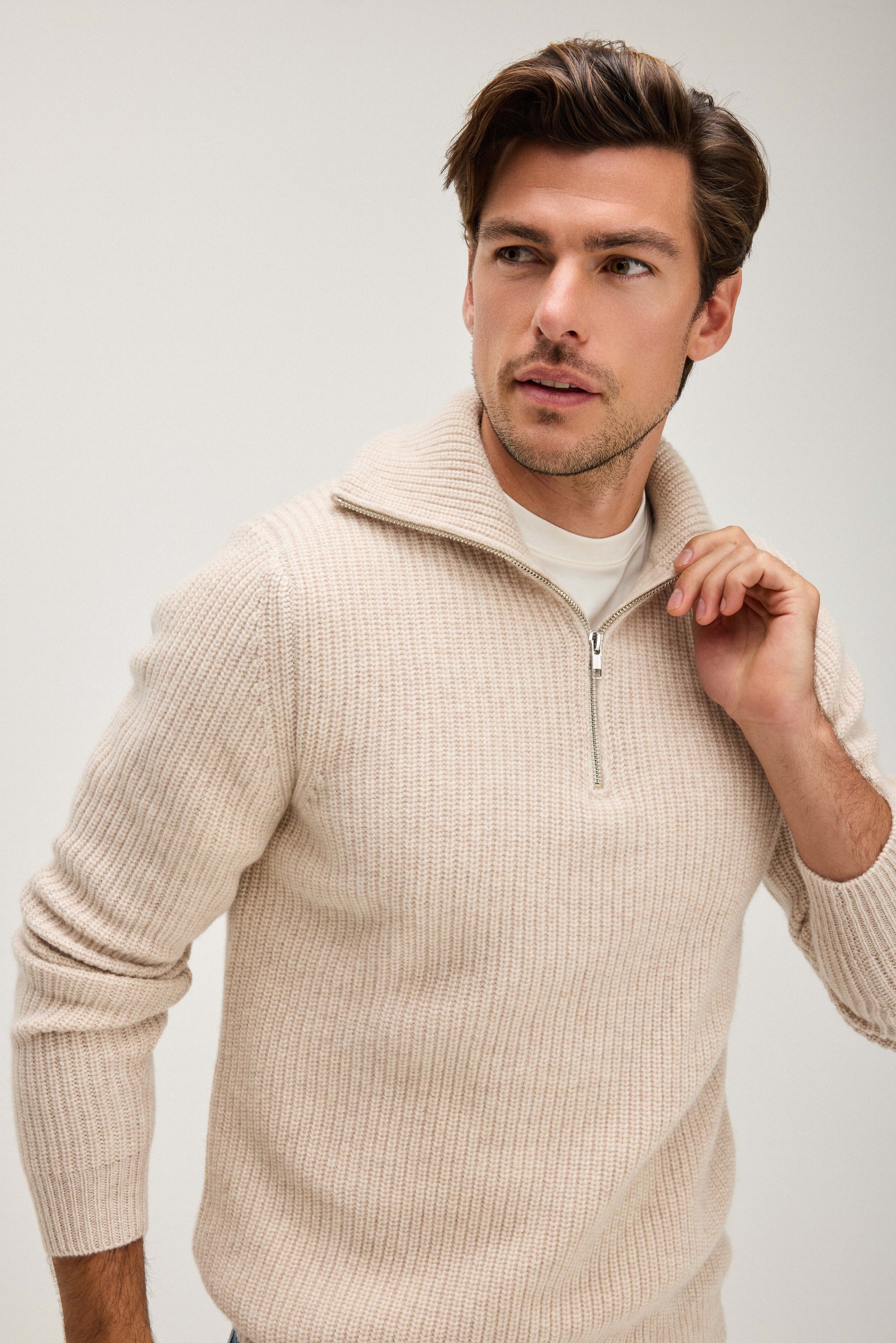 Davida Man Chunky Rib Half Zip Sweaters Light Beige