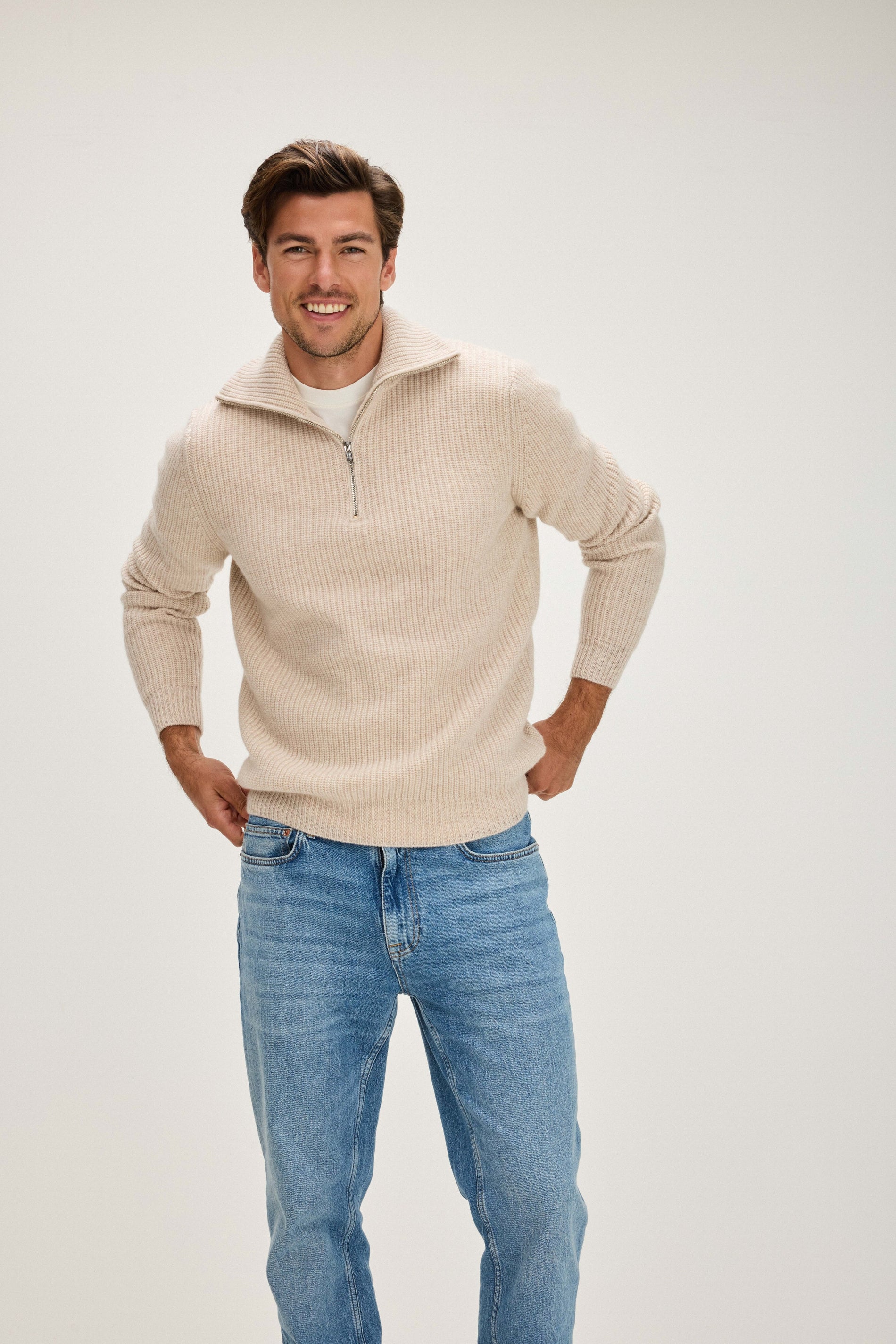 Davida Man Chunky Rib Half Zip Sweaters Light Beige
