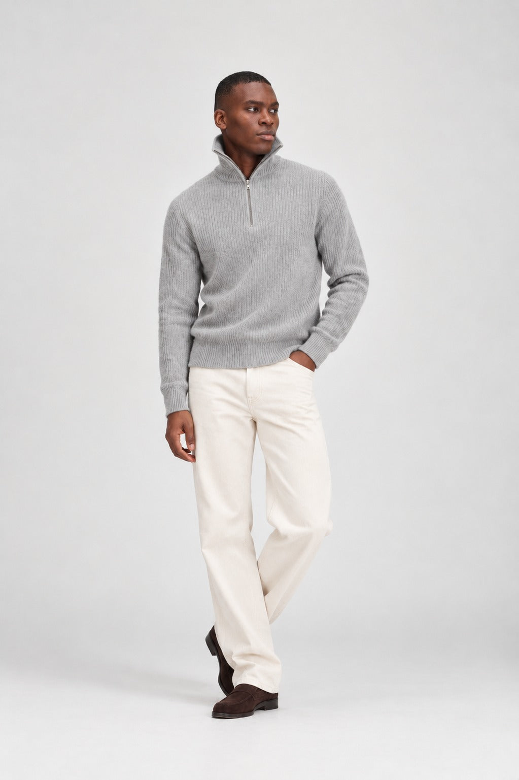 Davida Man Chunky Rib Half Zip Sweaters Light Grey