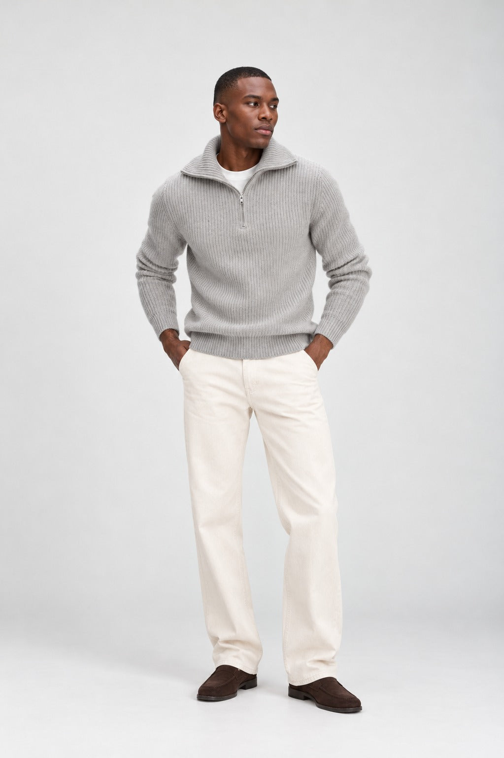 Davida Man Chunky Rib Half Zip Sweaters Light Grey