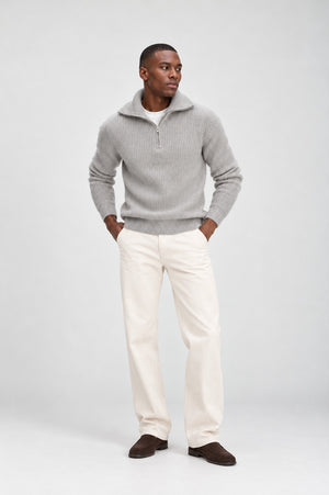 Man Chunky Rib Half Zip - Light Grey
