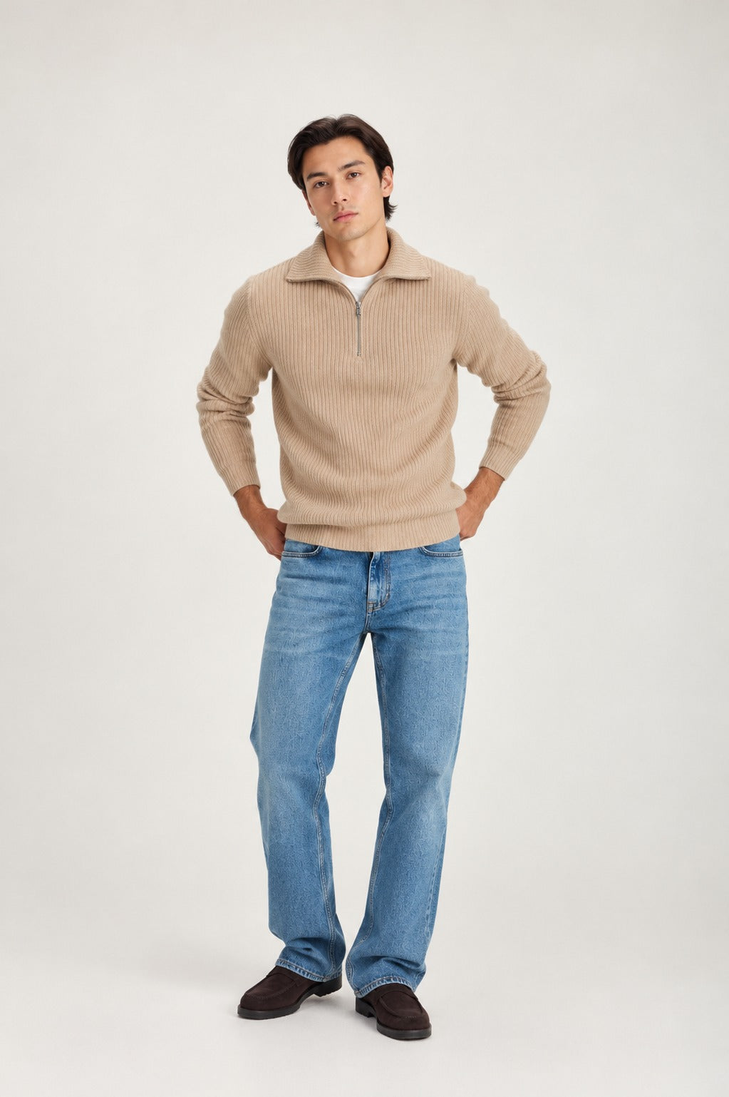 Davida Man Chunky Rib Half Zip Sweaters Mink