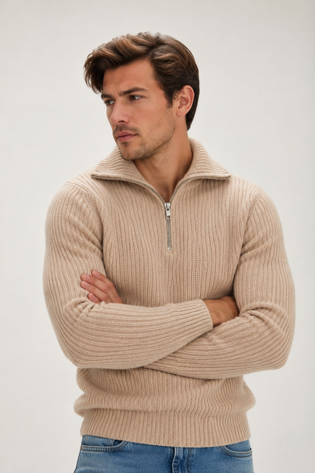 Davida Man Chunky Rib Half Zip Sweaters Mink