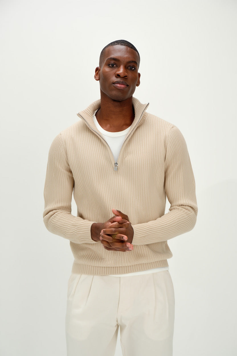 Davida Man Chunky Rib Half Zip Sweaters Sand