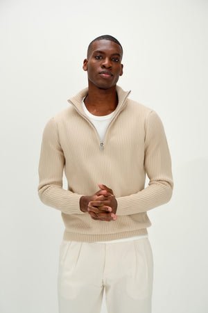Man Chunky Rib Half Zip - Sand