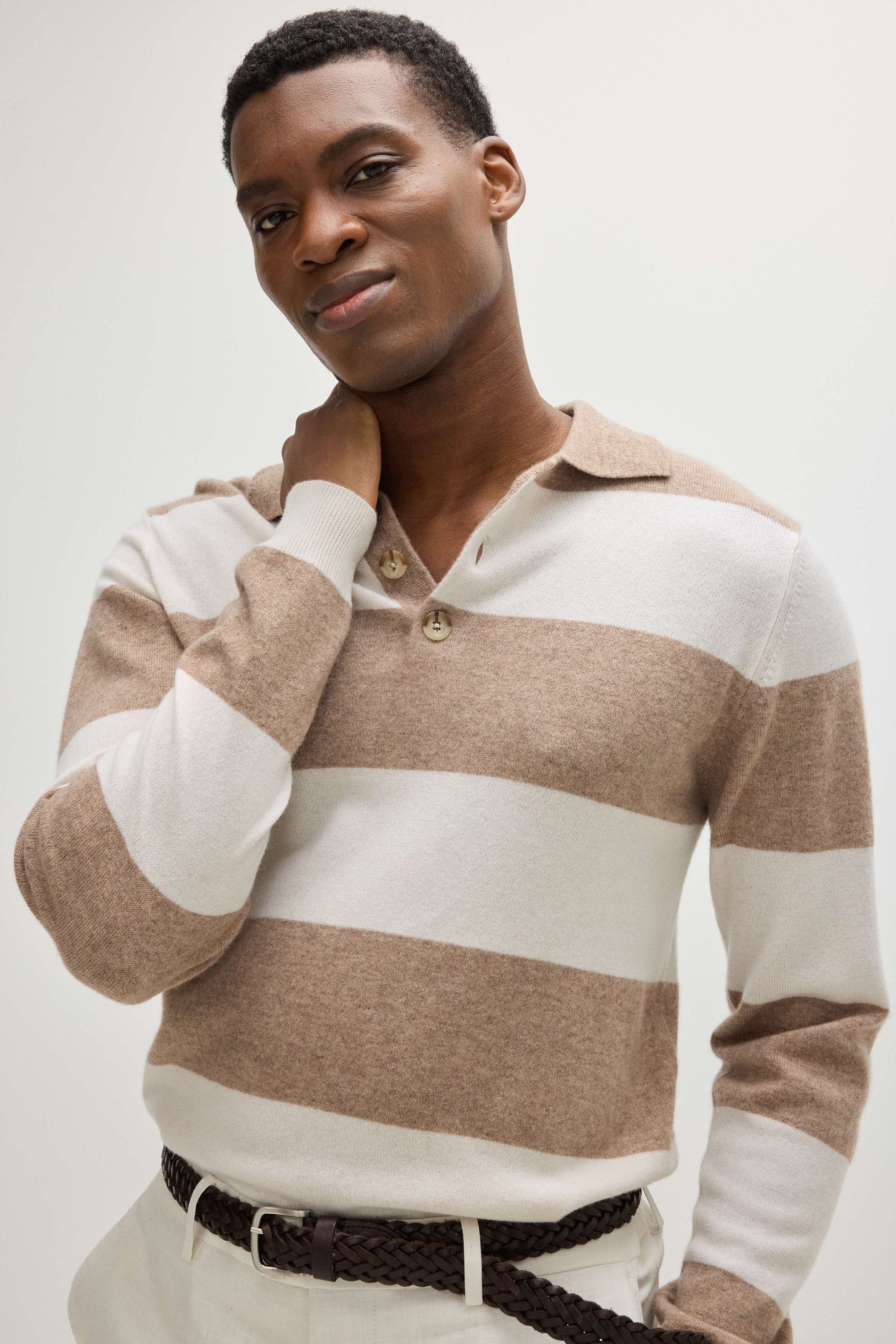 Davida Man Collar Striped Sweaters Mink/White