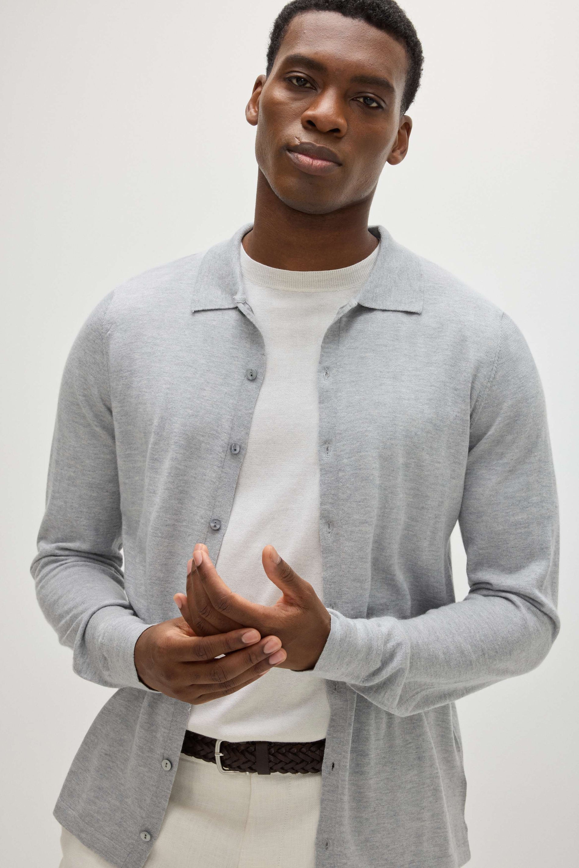 Davida Man Fine Knit Classic Shirt Sweaters Light Grey