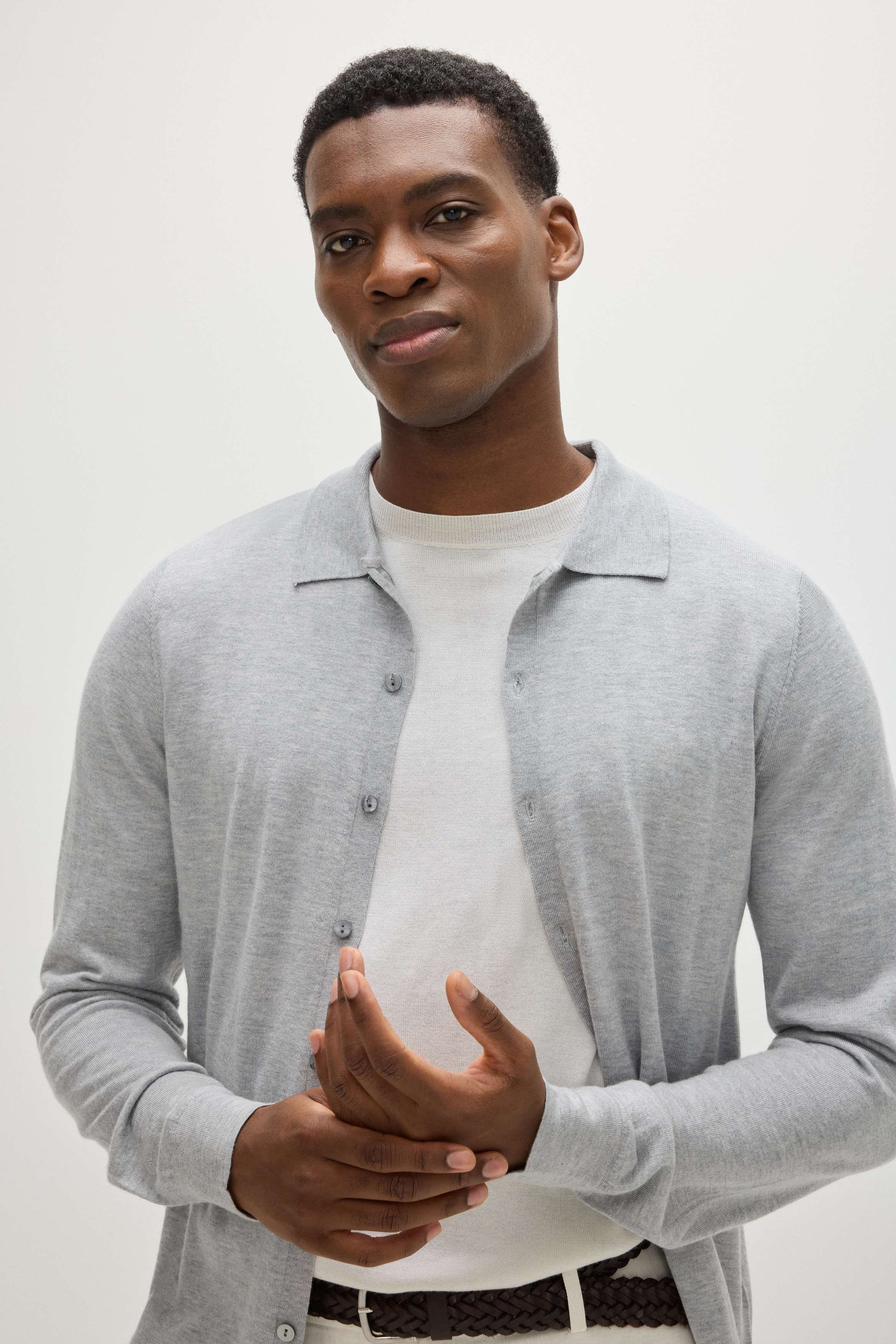 Davida Man Fine Knit Classic Shirt Sweaters Light Grey