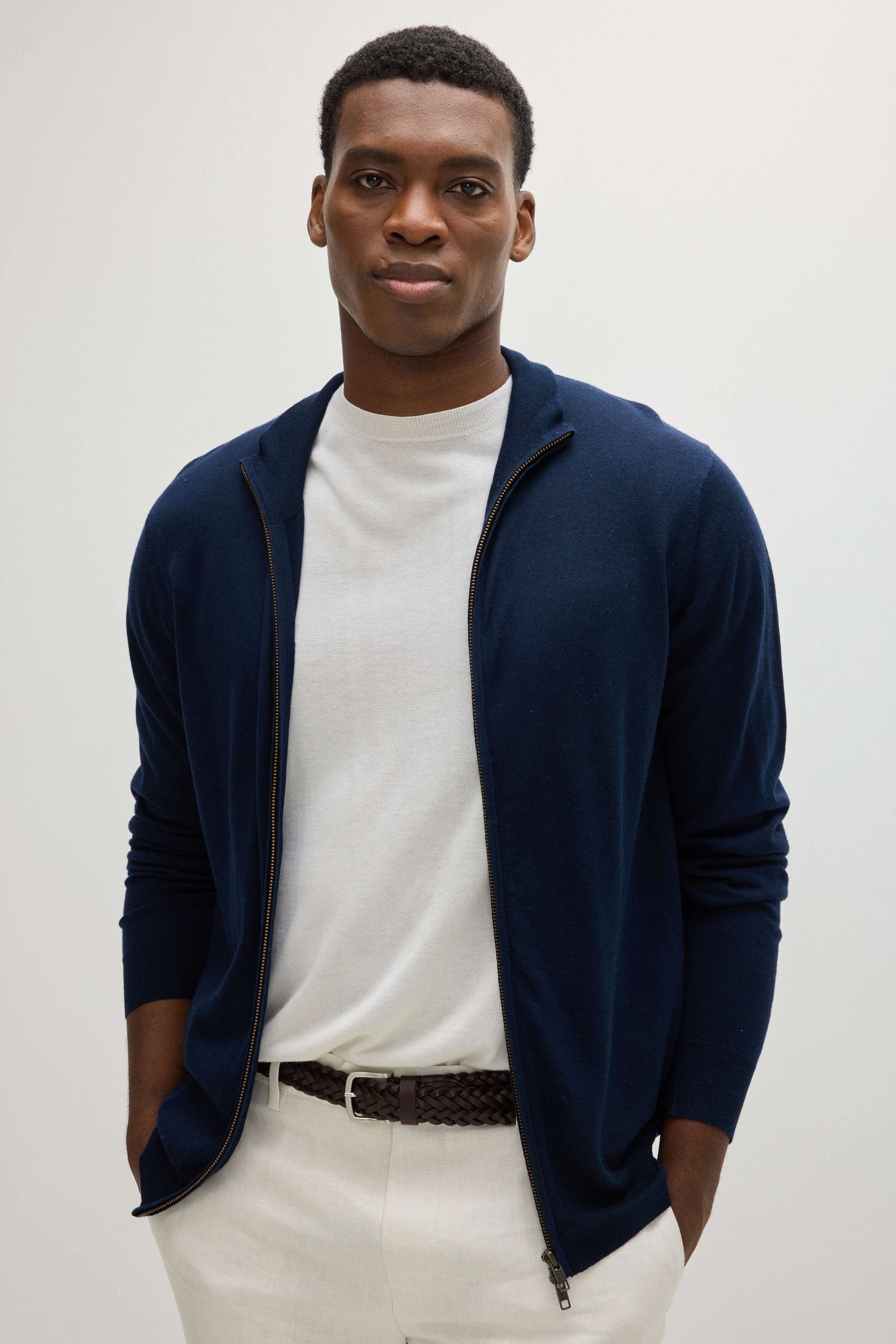 Davida Man Fine Knit Full Zip Sweaters Navy