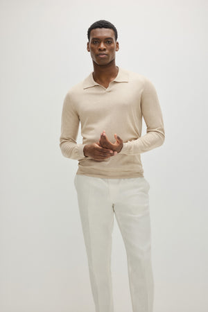 Man Fine Knit Open Collar Sweater - Light Beige