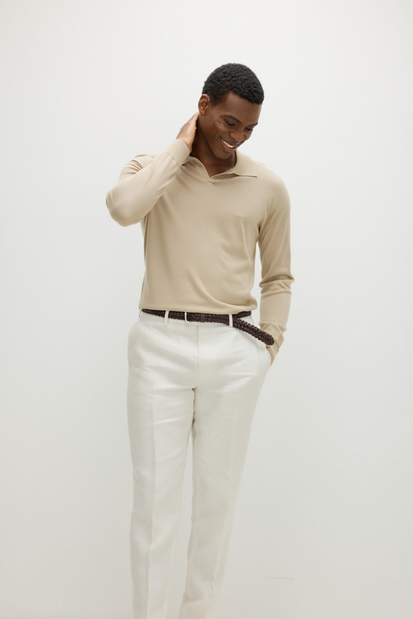 Davida Man Fine Knit Open Collar Sweater Sweaters Light Beige