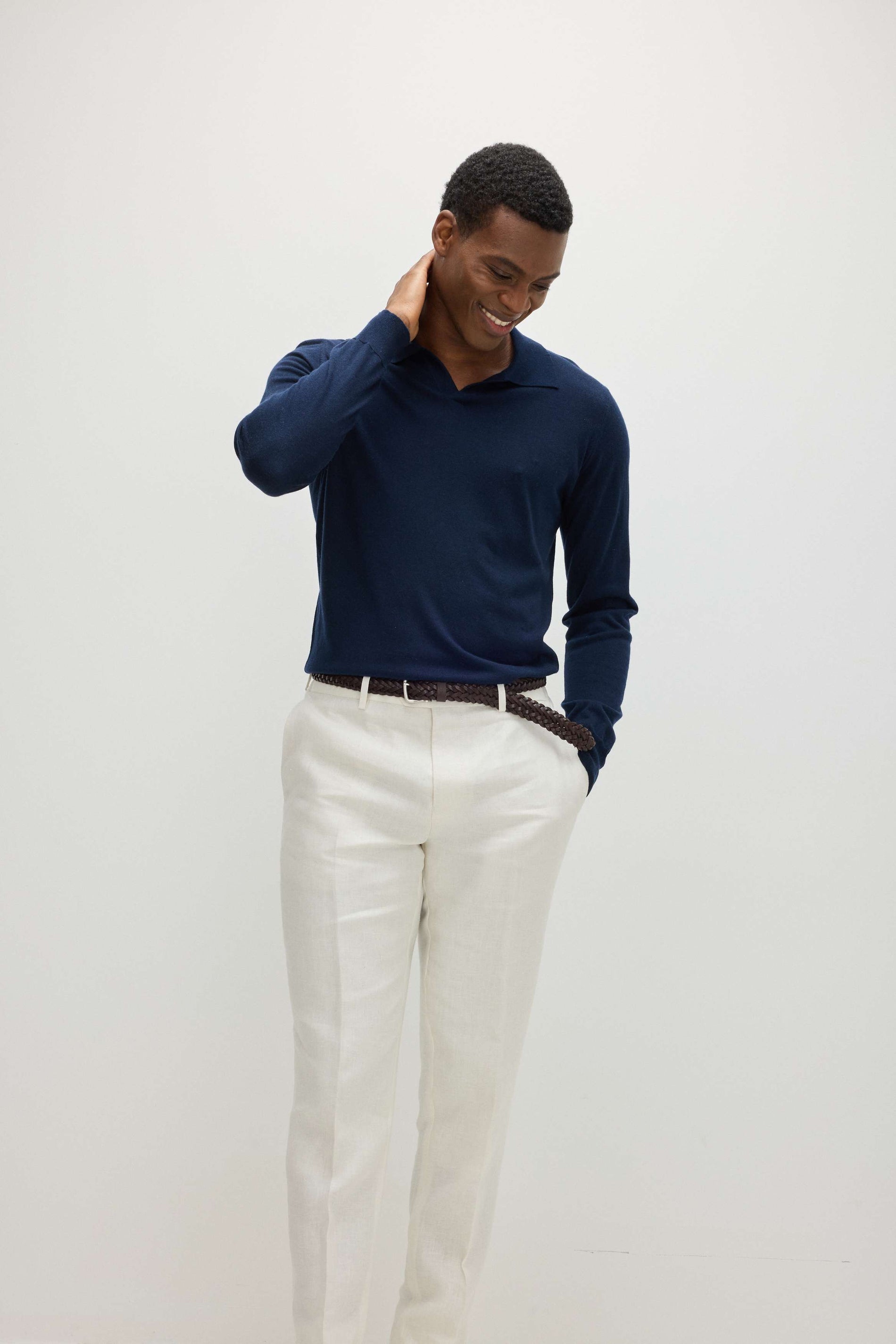 Davida Man Fine Knit Open Collar Sweater Sweaters Navy