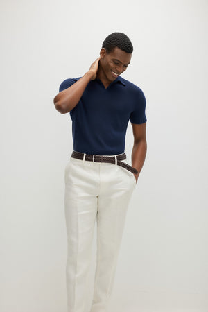 Man Fine Knit Open Collar T-shirt - Navy
