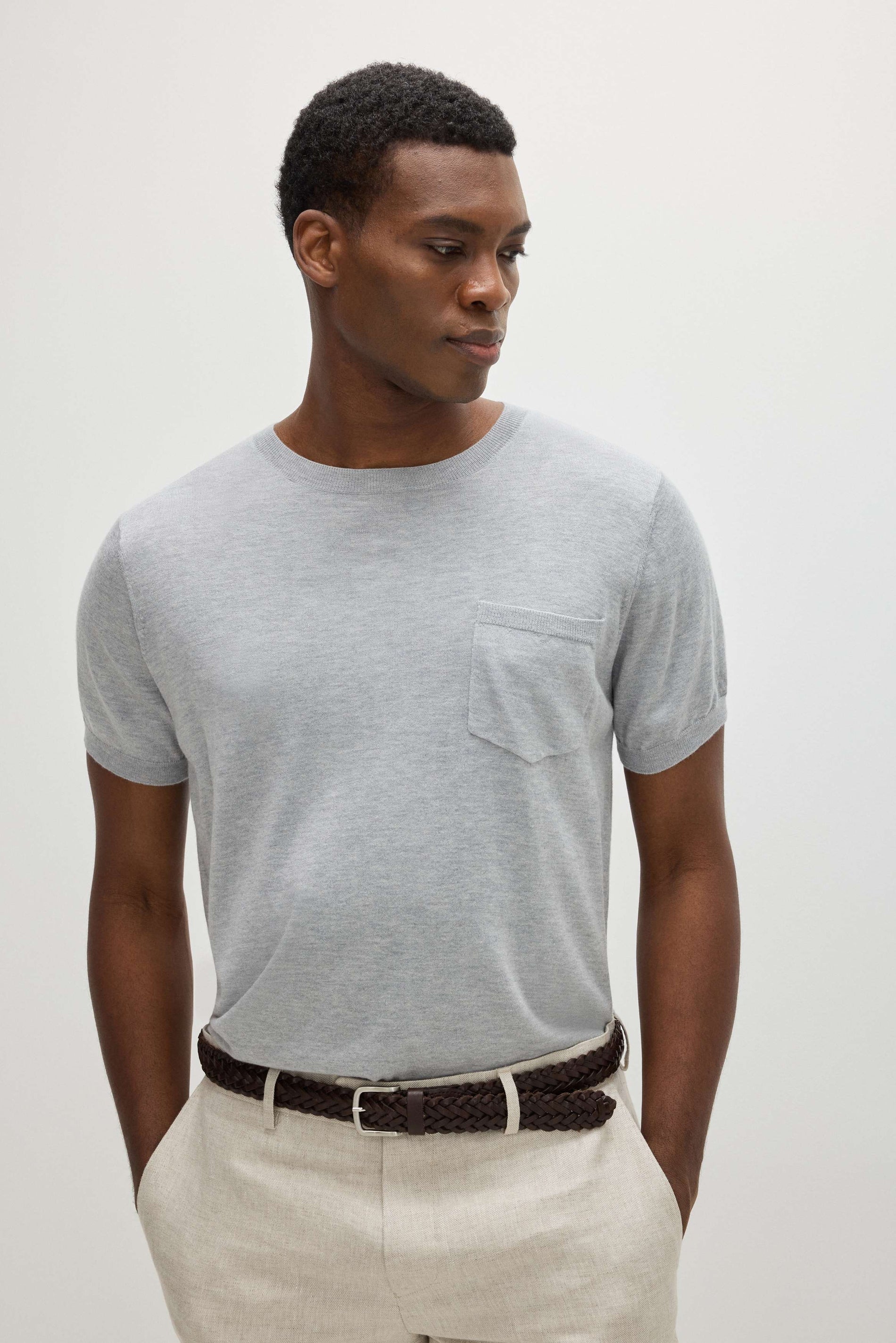 Davida Man Fine Knit Pocket T-Shirt Sweaters Light Grey