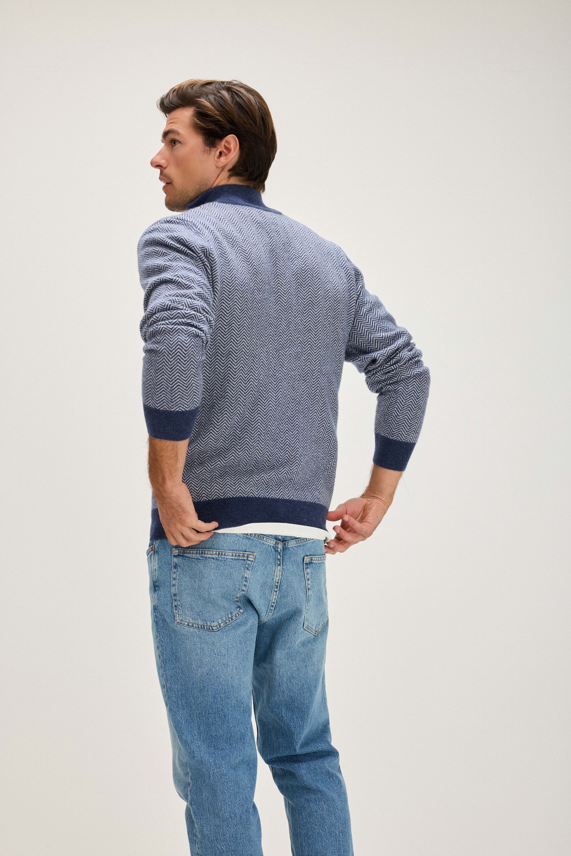 Davida Man Herringbone Jacket Cardigans Denim Blue