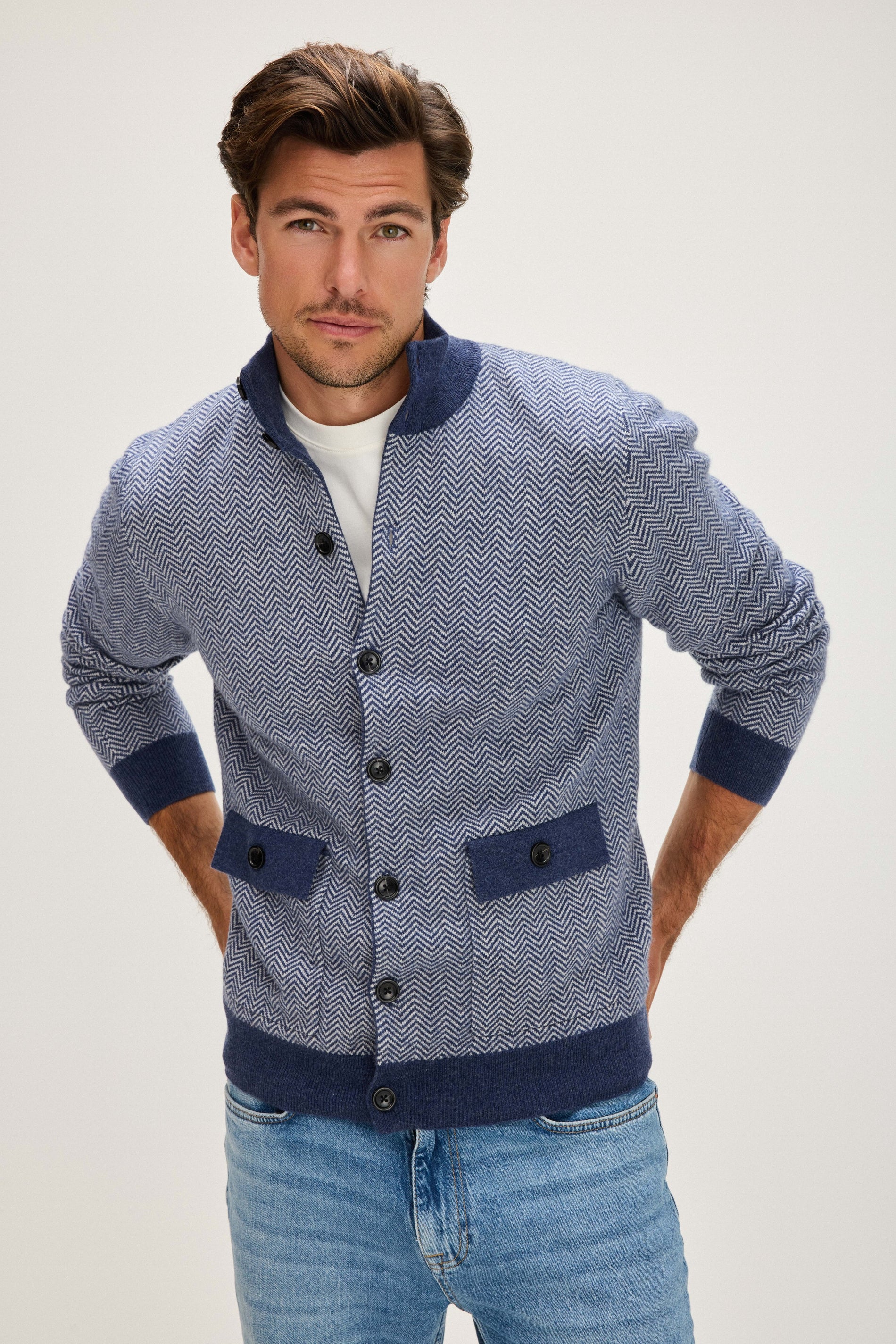 Davida Man Herringbone Jacket Cardigans Denim Blue