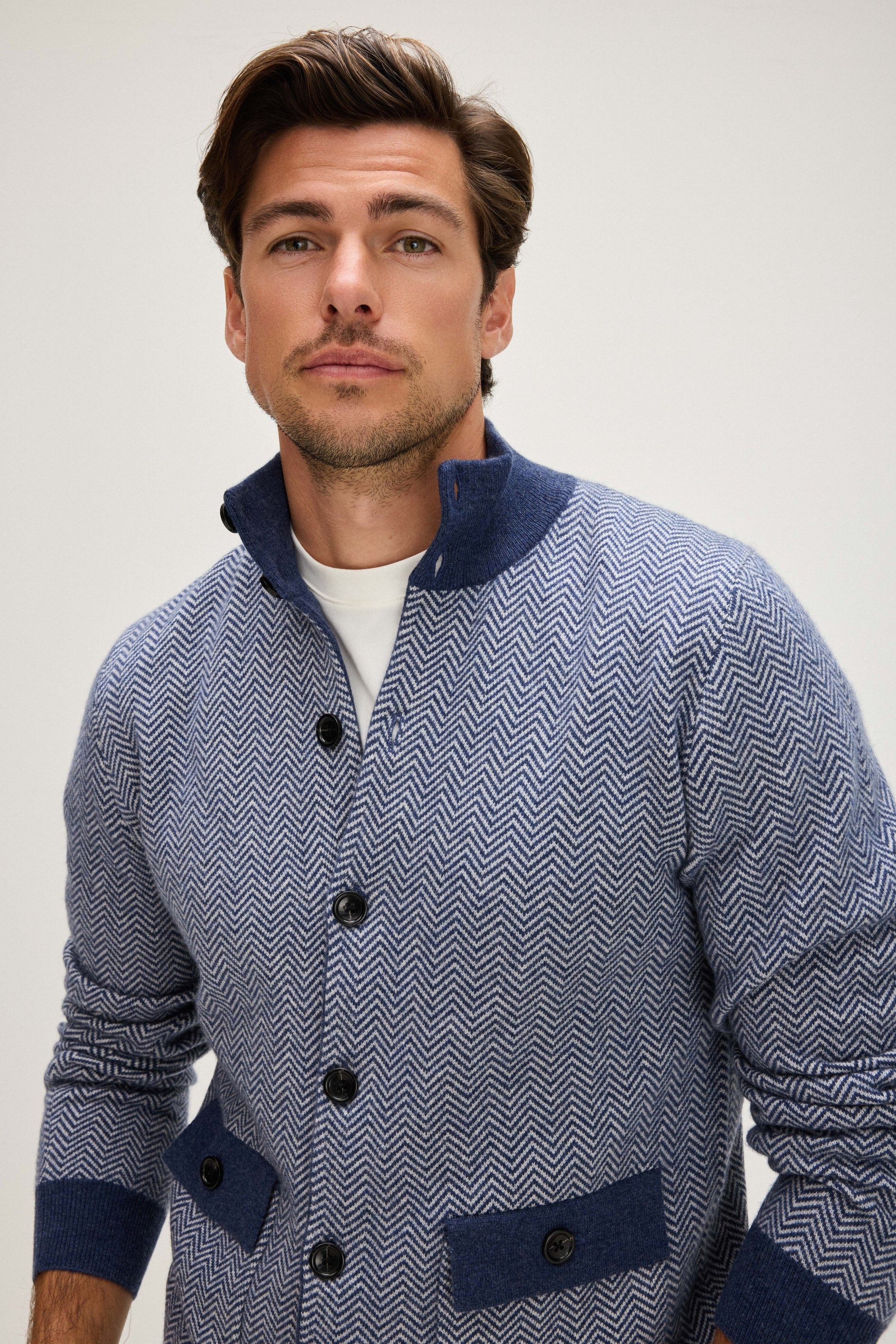 Davida Man Herringbone Jacket Cardigans Denim Blue