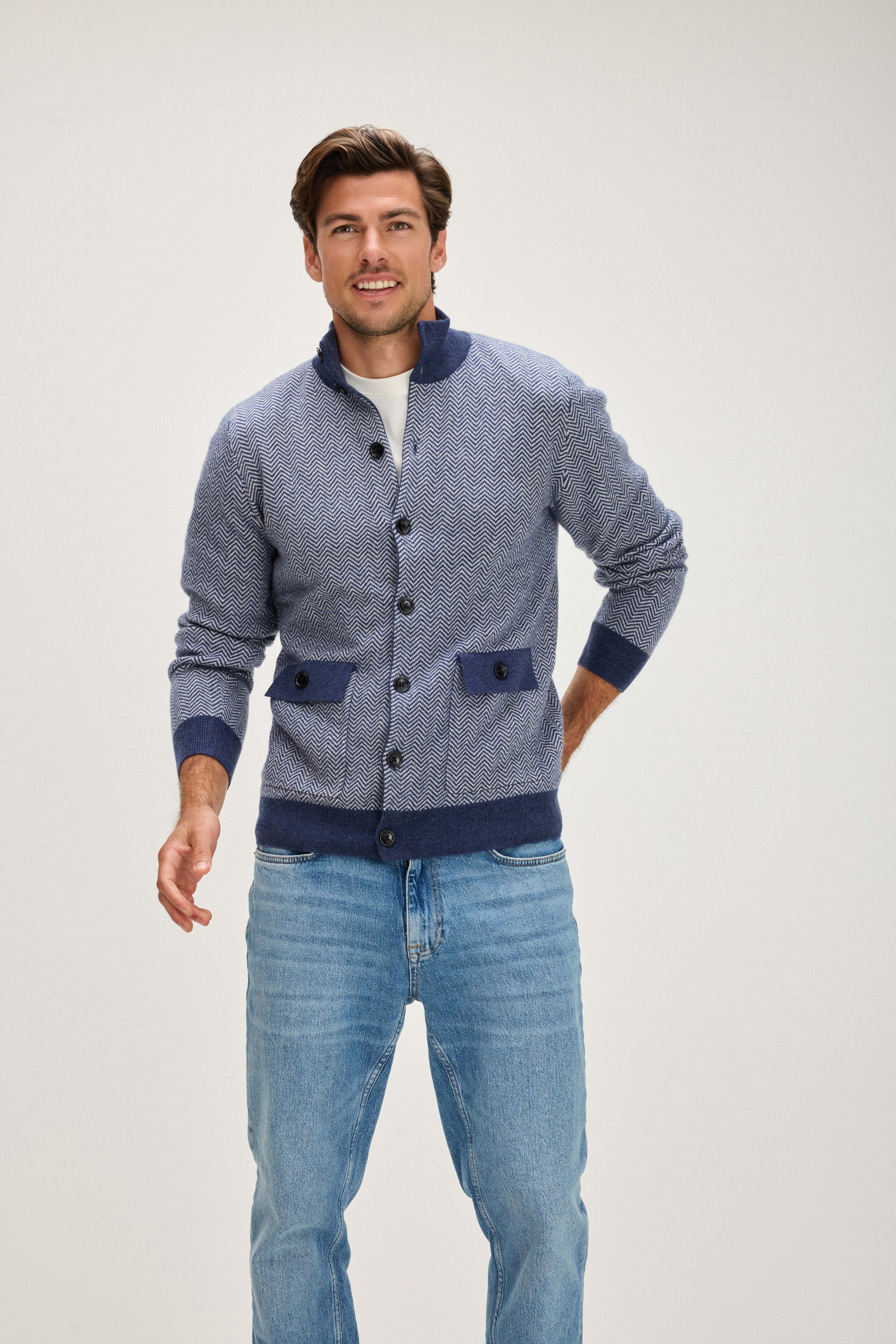 Davida Man Herringbone Jacket Cardigans Denim Blue